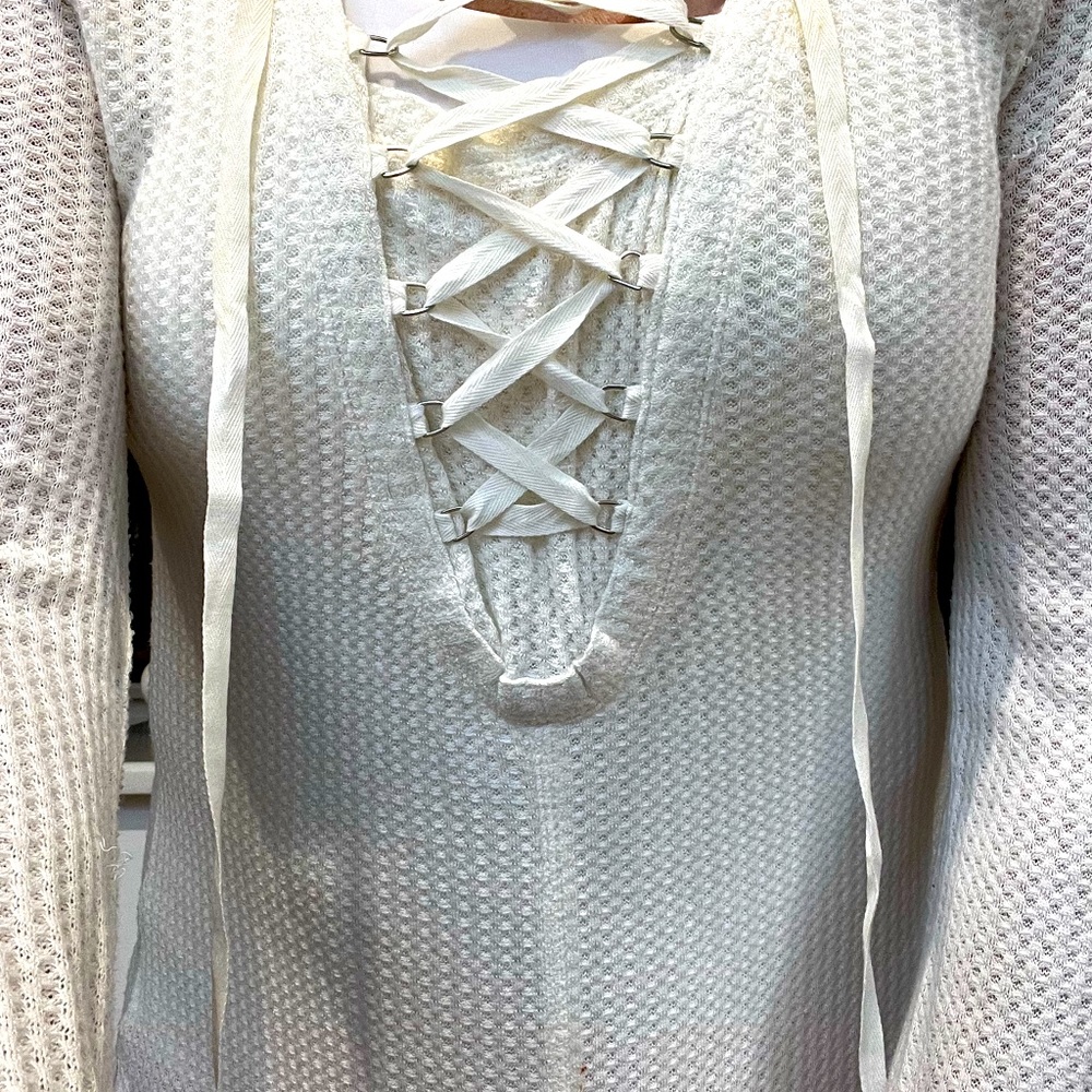 Nordstrom's Top. Offwhite, soft material. XL fit. Darling satin front lace ties